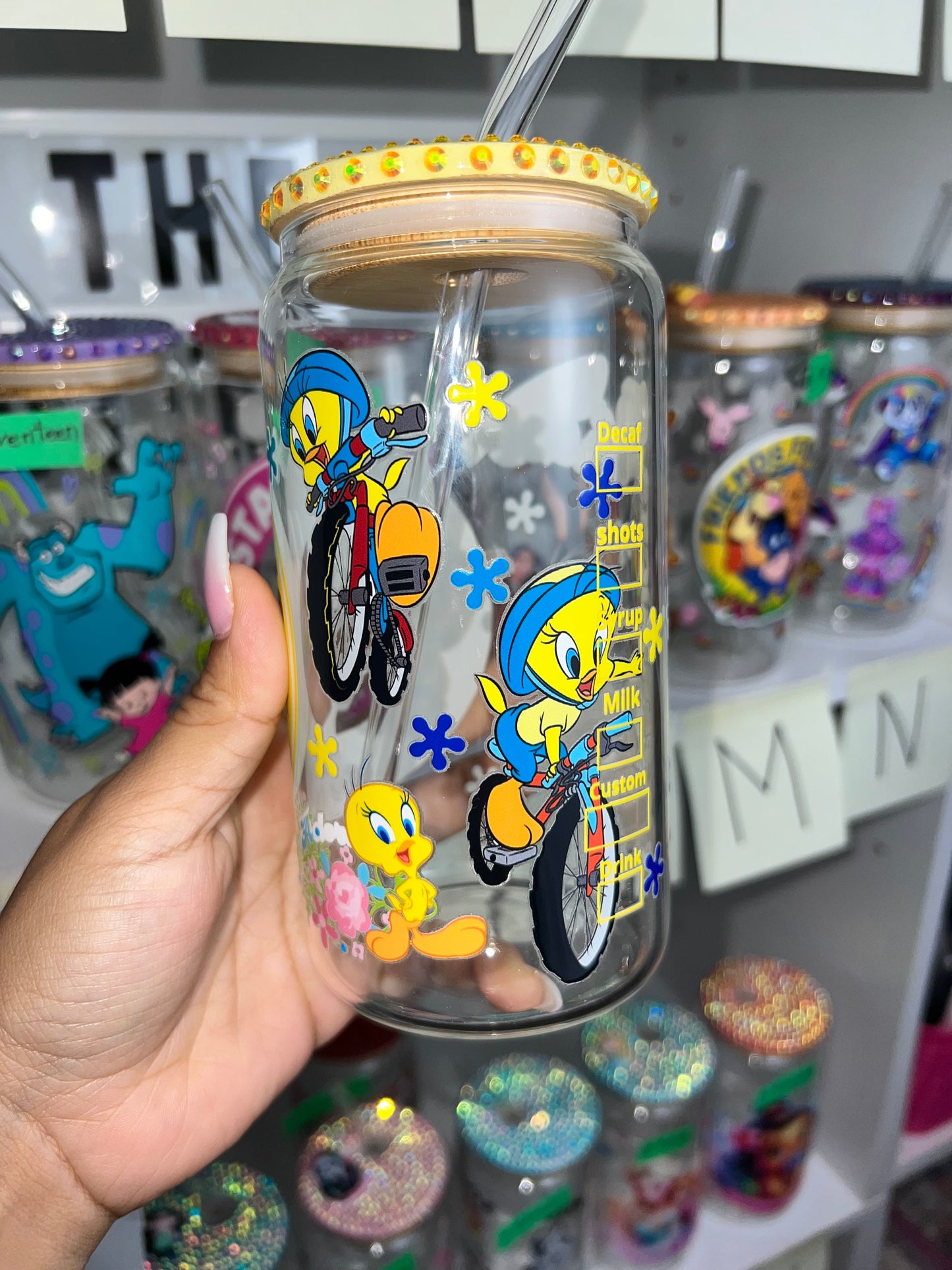 Tweety bling glass cup