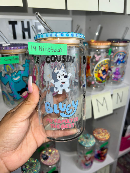 Bluey bling glass cup