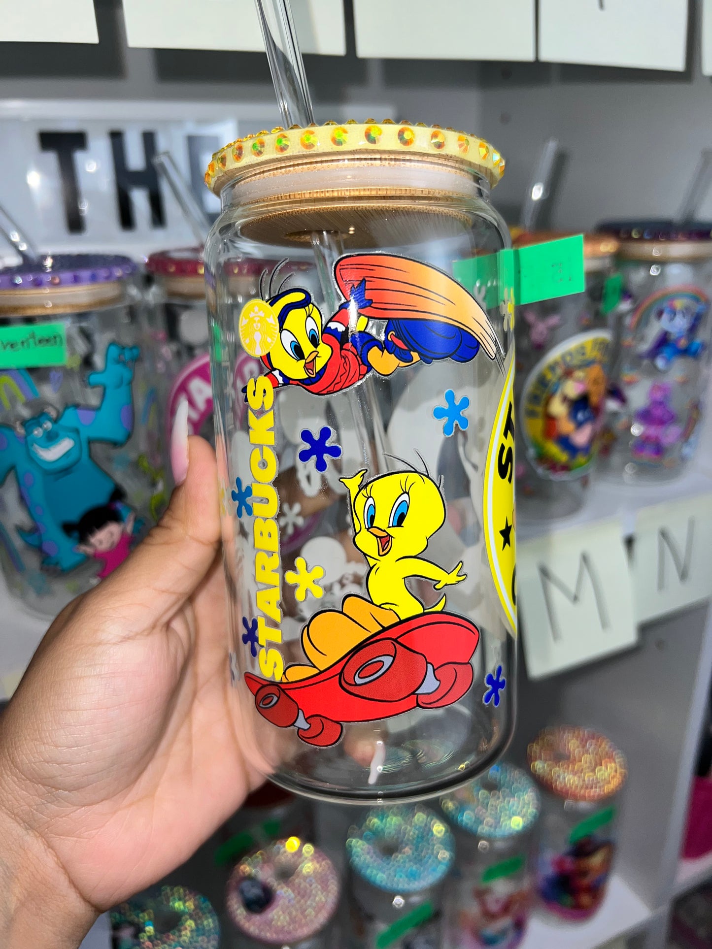 Tweety bling glass cup