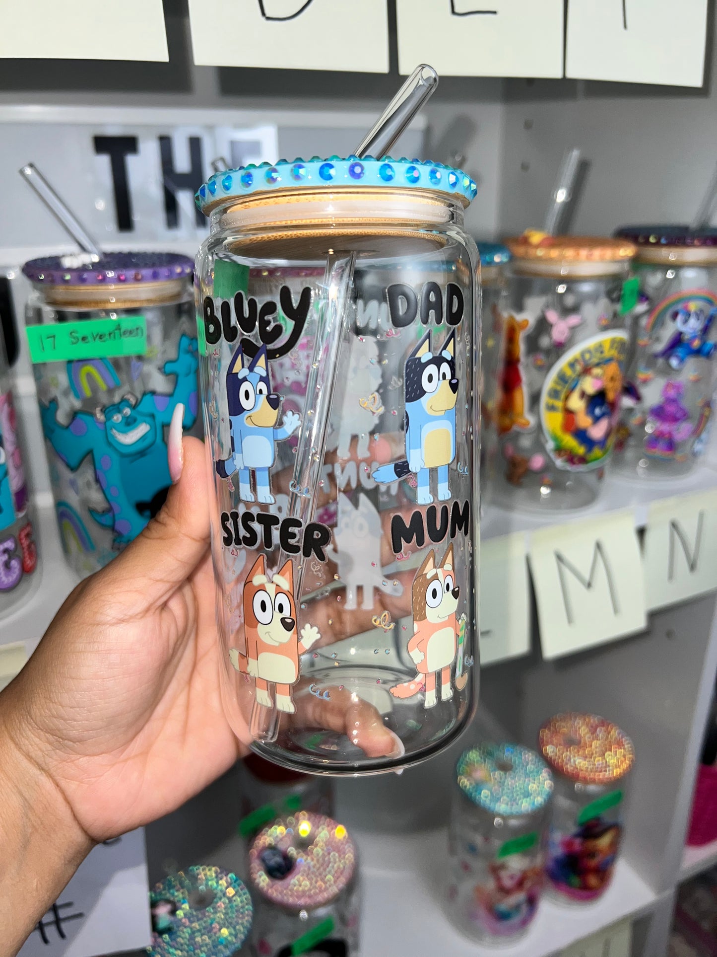 Bluey bling glass cup