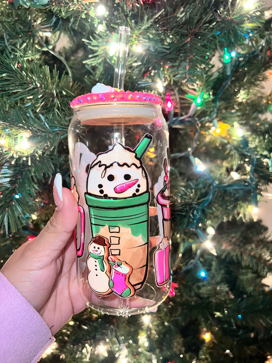 Snowman Christmas bling glass cup